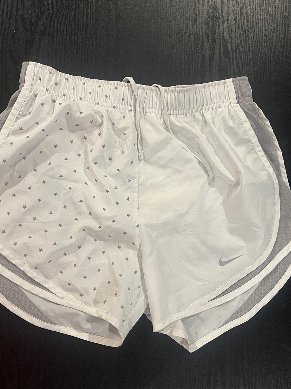 Nike Drifit Women’s White Running Shorts with Subtle Star Print
